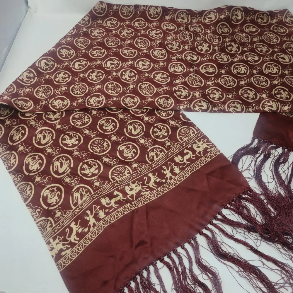 Vintage 100% Silk Scarf Burgundy Gold Dragon Medallions Tassel Fringe 48